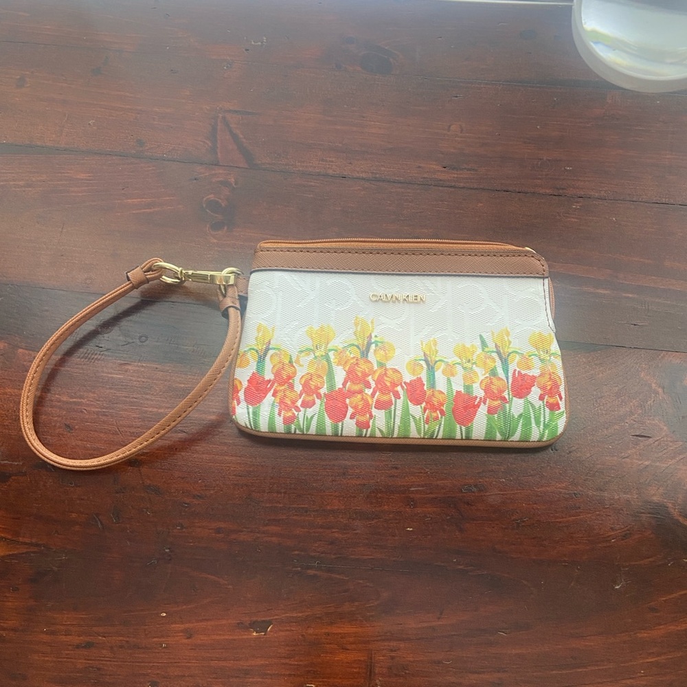Calvin Klein White and Brown Wristlet with Floral Design